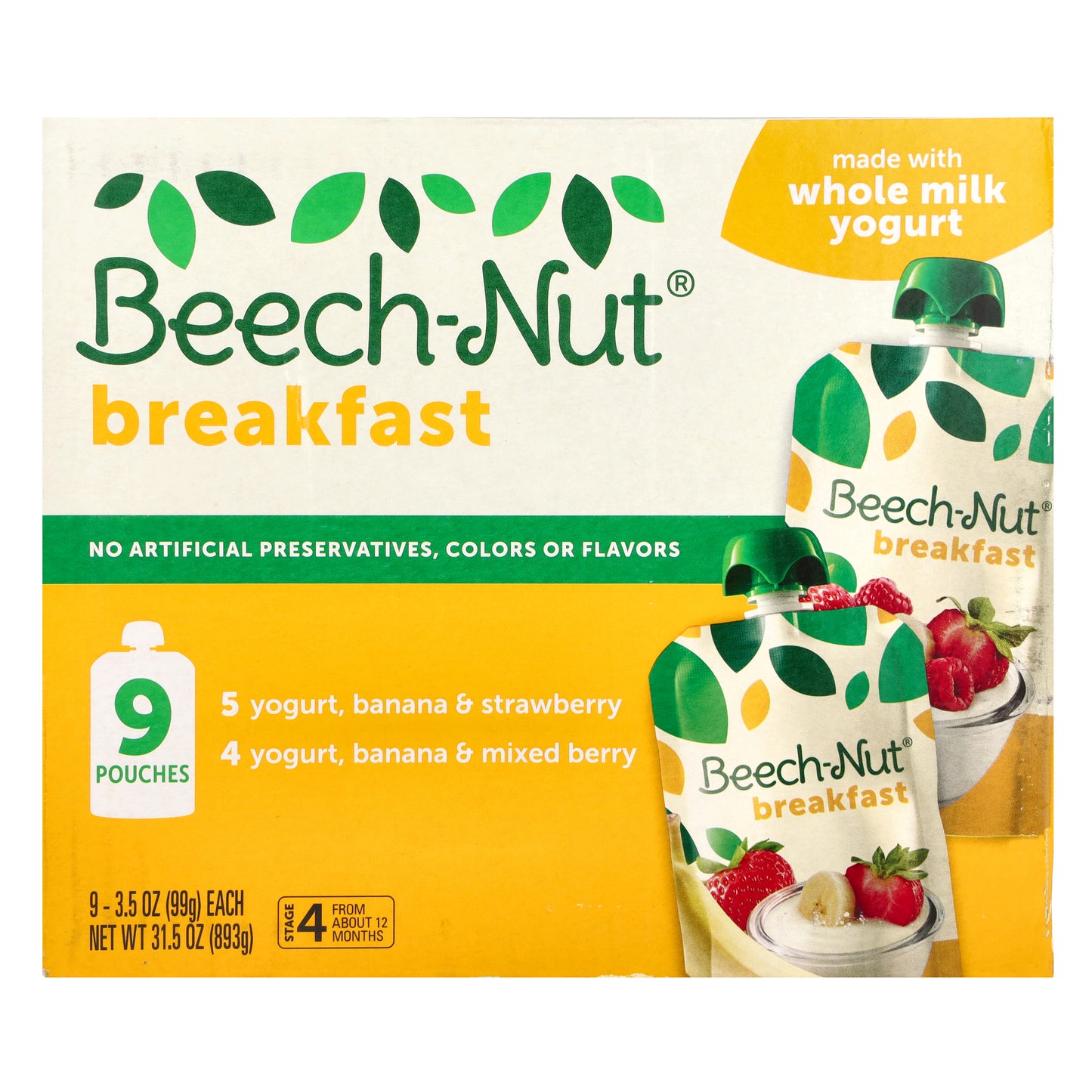 Beech-Nut, Breakfast, 12+ Months, Variety Pack, 9 Pouches, 3.5 oz (99 g) Each