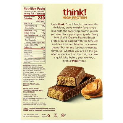 Think !, High Protein Bars, Creamy Peanut Butter, 10 Bars, 2.1 oz (60 g) Each