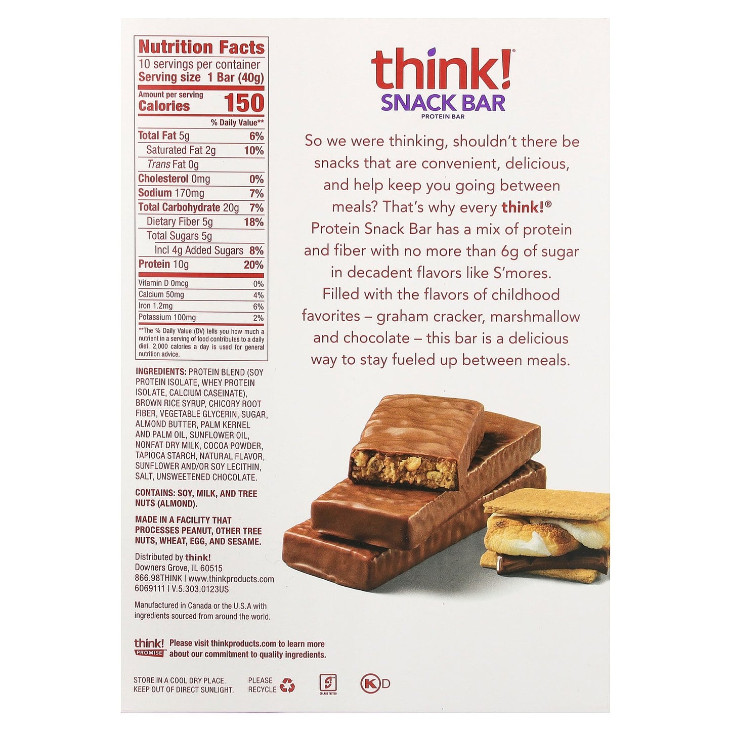 Think !, Snack Protein Bar, S'mores, 10 Bars, 1.41 oz (40 g) Each