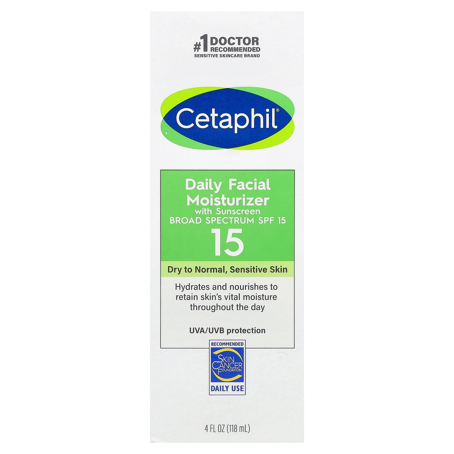 Cetaphil, Daily Facial Moisturizer with Sunscreen, SPF 15, Fragrance Free, 4 fl oz (118 ml)