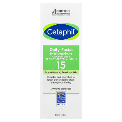 Cetaphil, Daily Facial Moisturizer with Sunscreen, SPF 15, Fragrance Free, 4 fl oz (118 ml)