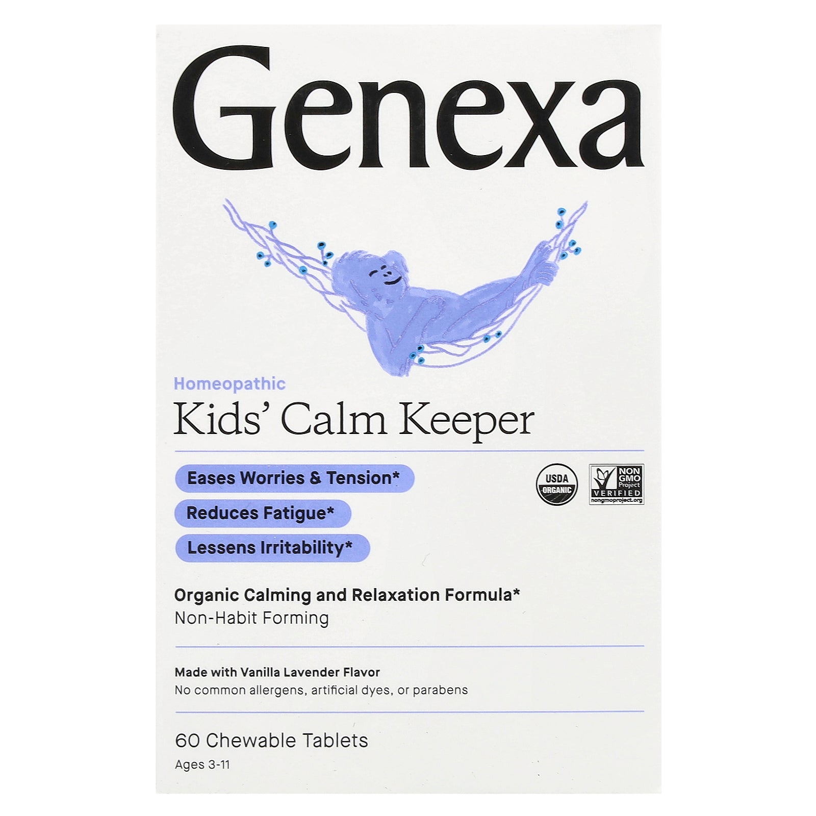 Genexa, Kids´ Calm Keeper, Ages 3-11, Vanilla & Lavender, 60 Chewable Tablets