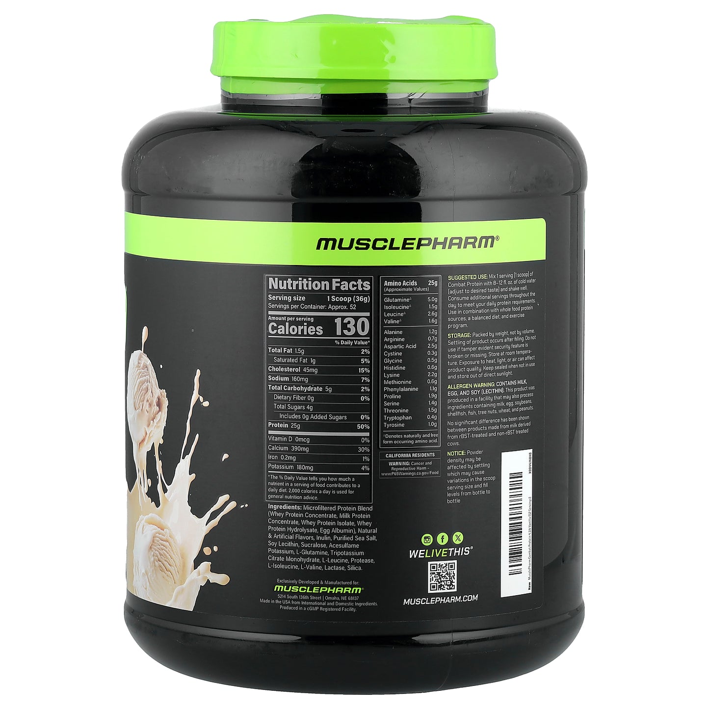 MusclePharm, Combat® Protein Powder, Vanilla Ice Cream, 4.1 lbs (1.84 kg)