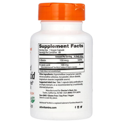 Doctor's Best, Stabilized R-Lipoic Acid with BioEnhanced Na-RALA, 100 mg, 60 Veggie Caps