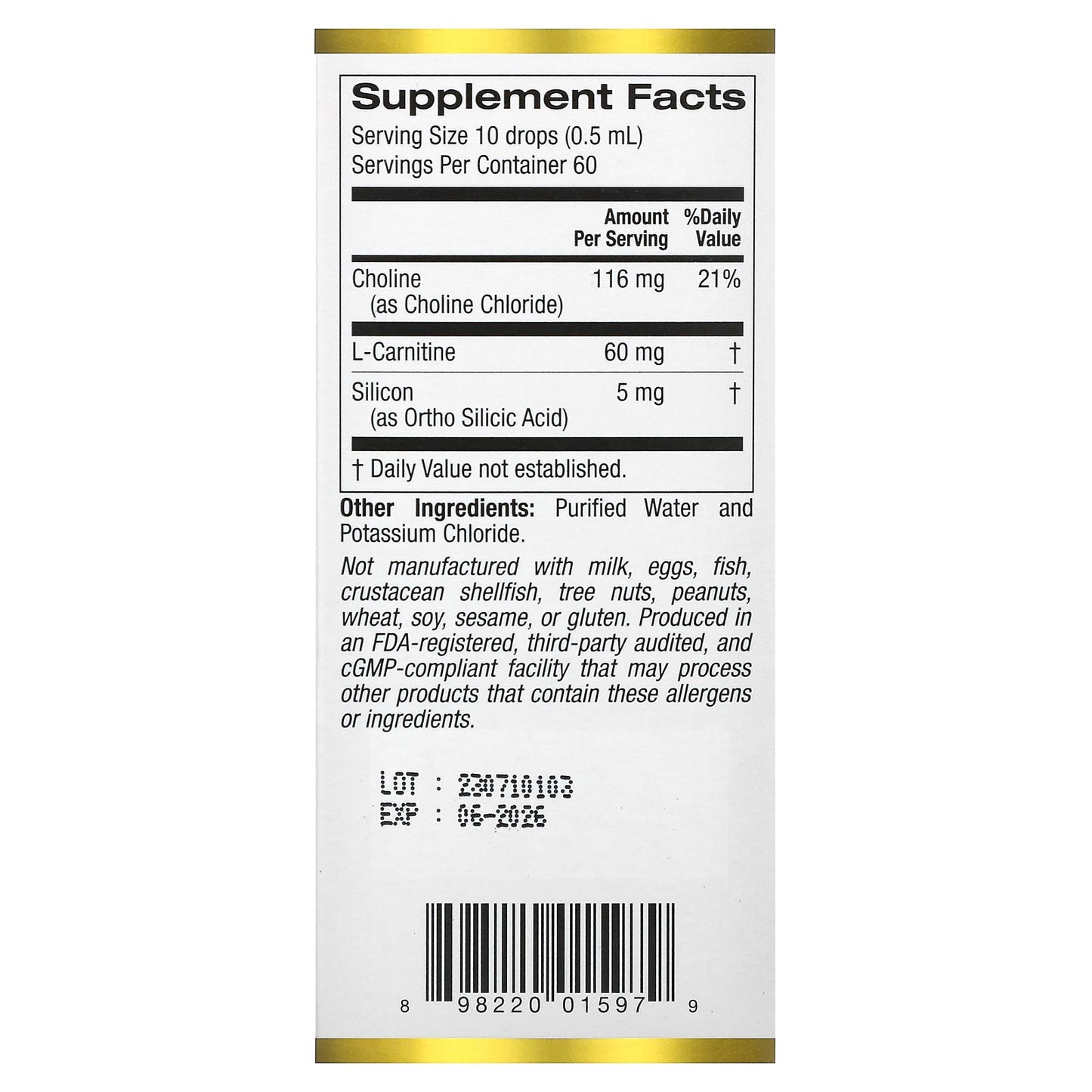 California Gold Nutrition, Choline Silica Complex, Bioavailable & Stabilized Silicon with Choline & L-Carnitine, 1 fl oz (30 ml)