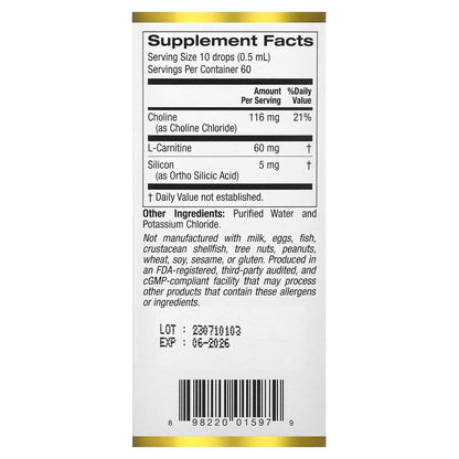 California Gold Nutrition, Choline Silica Complex, Bioavailable & Stabilized Silicon with Choline & L-Carnitine, 1 fl oz (30 ml)