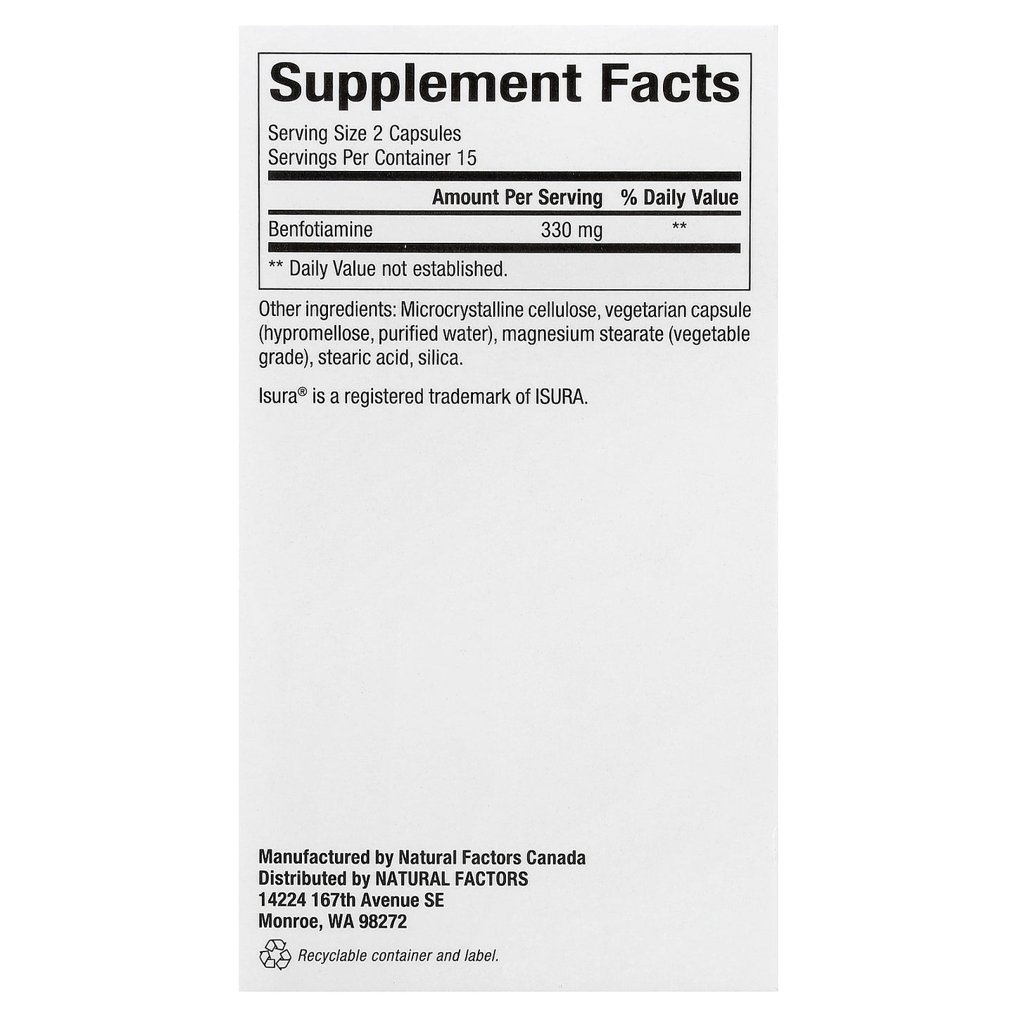 Natural Factors, Benfotiamine, 30 Vegetarian Capsules (165 mg per Capsule)