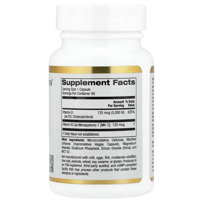 California Gold Nutrition, Vitamin D3 + K2 as MK-7, 60 Veggie Capsules