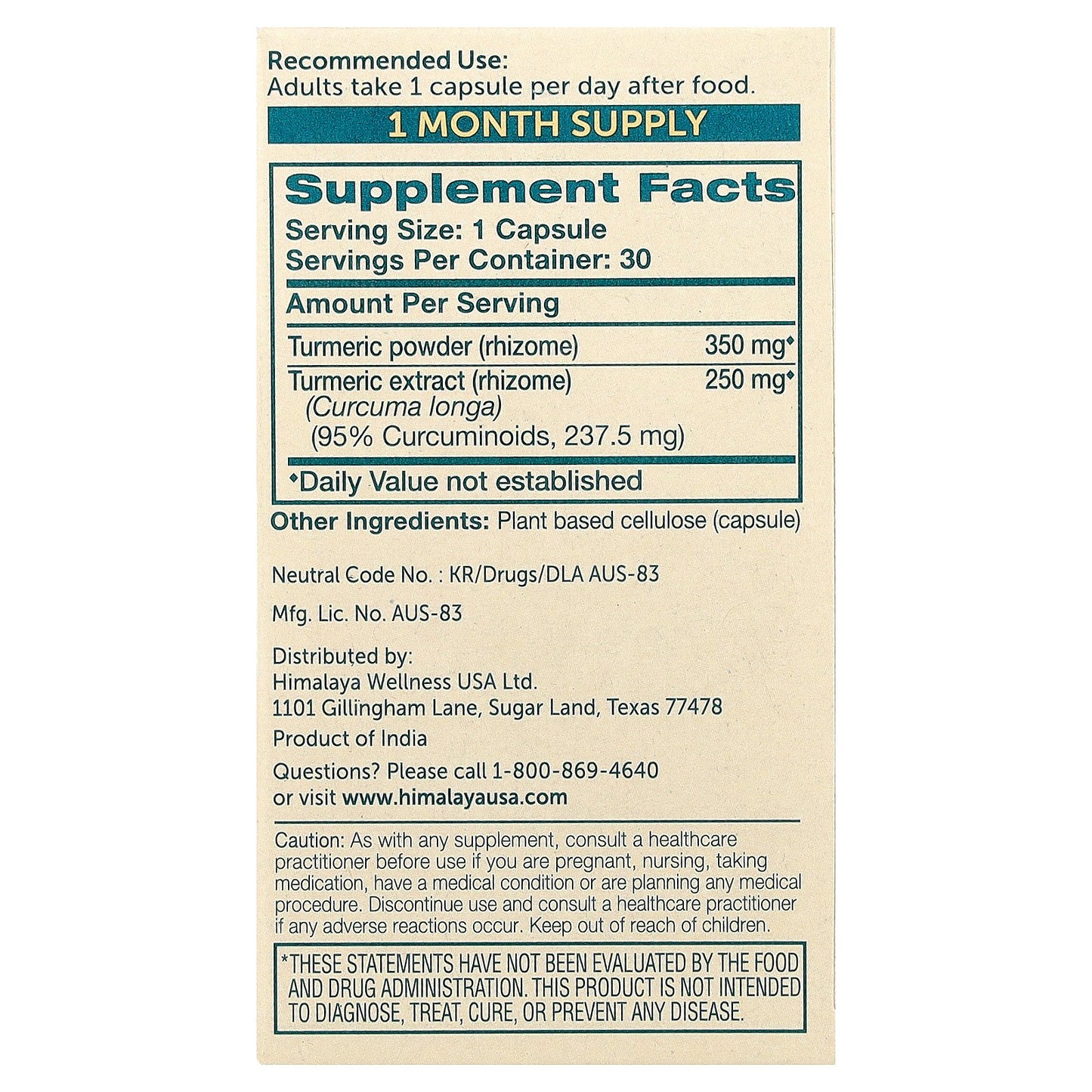 Himalaya, Turmeric 95® with Curcumin, 30 Vegetarian Capsules