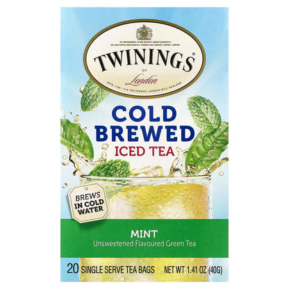 Twinings, Cold Brewed Iced Tea, Green Tea, Mint, Unsweetened, 20 Single Serve Tea Bags, 1.41 oz (40 g)