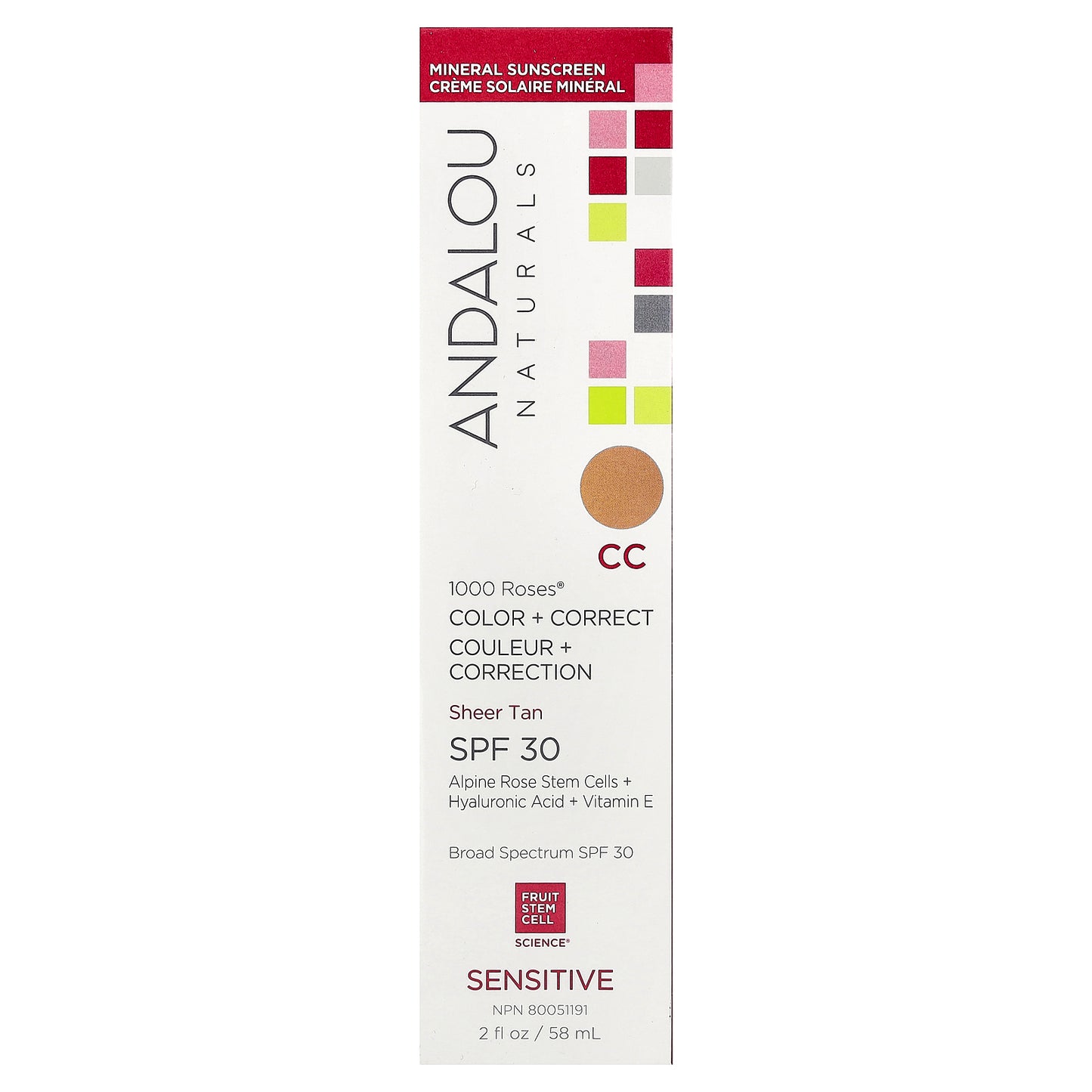 Andalou Naturals, 1000 Roses®, Color + Correct, Sensitive, SPF 30, Sheer Tan, 2 fl oz (58 ml)