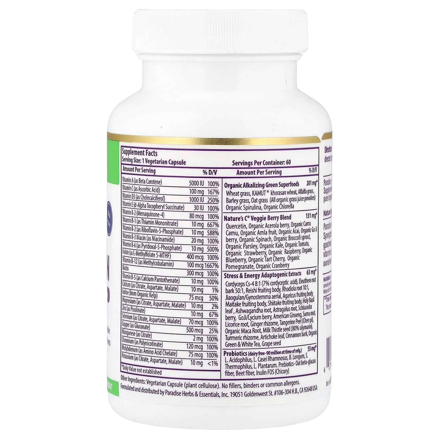 Paradise Herbs, Earth's Blend ®, One Daily Superfood Multi-Vitamin, No Iron, 60 Vegetarian Capsules