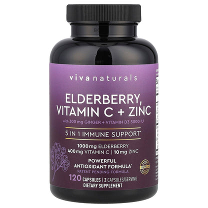 Viva Naturals, Elderberry, Vitamin C + Zinc, 120 Capsules