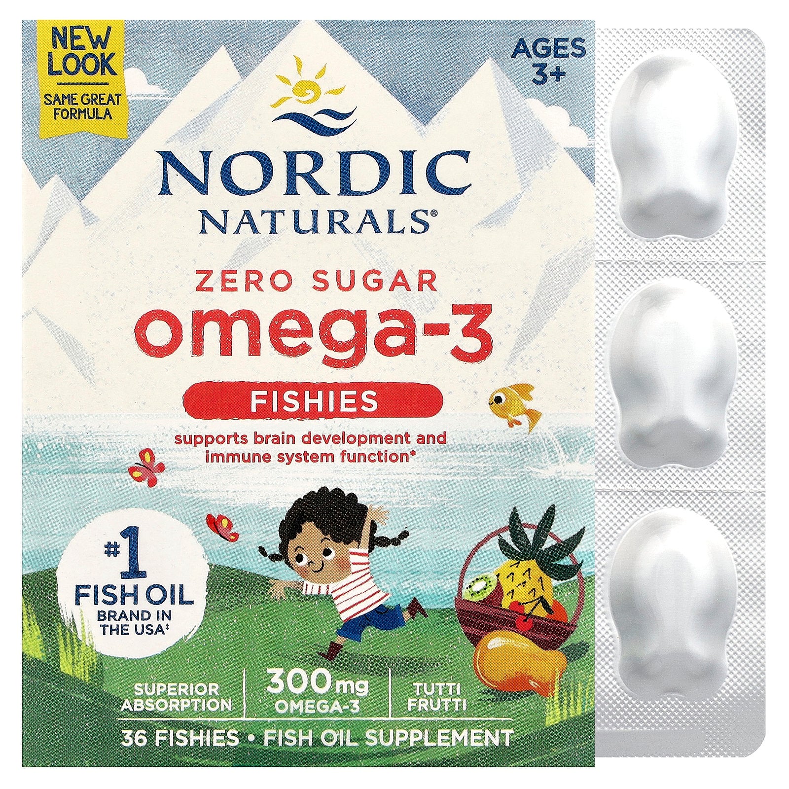 Nordic Naturals, Omega-3 Fishies, Zero Sugar, Ages 3+, Tutti Frutti, 300 mg, 36 Fishies