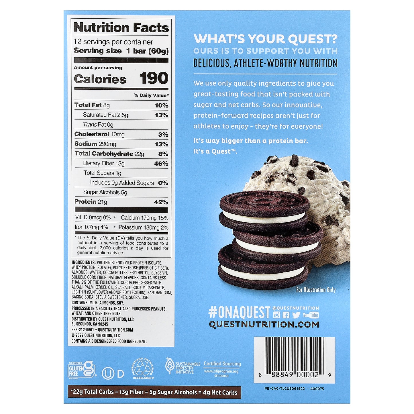 Quest Nutrition, Protein Bar, Cookies & Cream, 12 Bars, 2.12 oz (60 g) Each