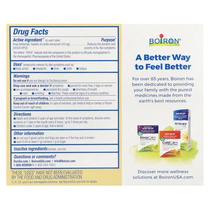 Boiron, Oscillococcinum, Single Dose Tubes, Flu-Like Symptoms, Ages 2+, 30 Meltaway Pellets , 0.04 oz (1 g) Each