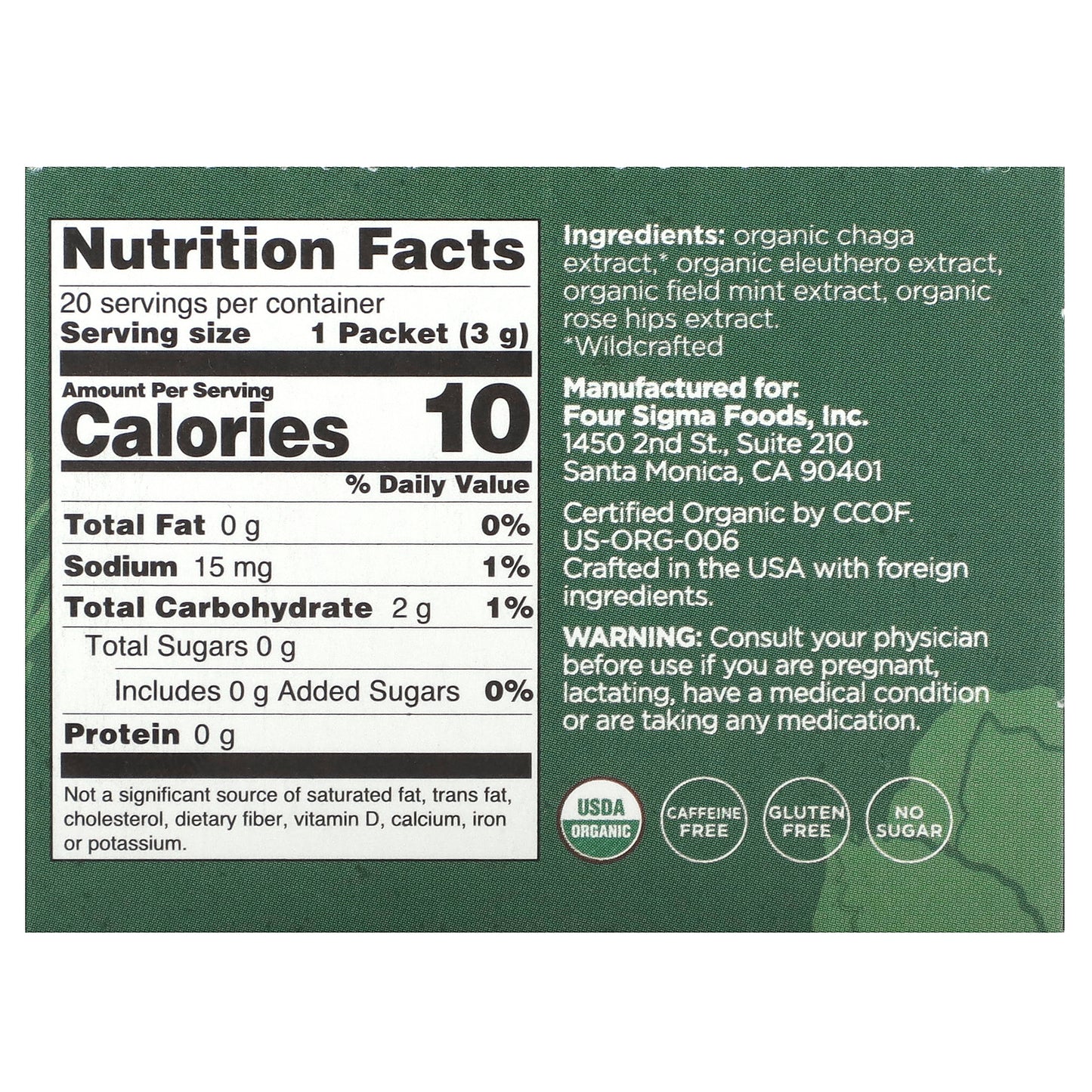 Four Sigmatic, Protect, Organic Elixir Mix With Chaga Mushroom & Eleuthero, Caffeine Free, 20 Packets, 0.1 oz (3 g) Each