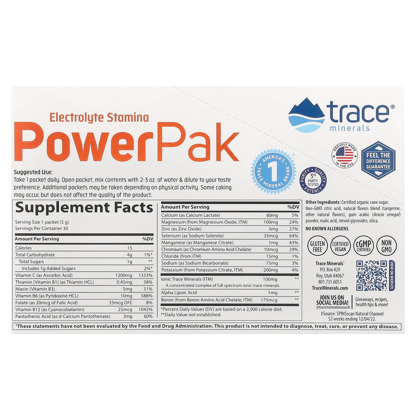 Trace, Electrolyte Stamina PowerPak, Tangerine, 30 Packets, 0.18 oz (5 g) Each