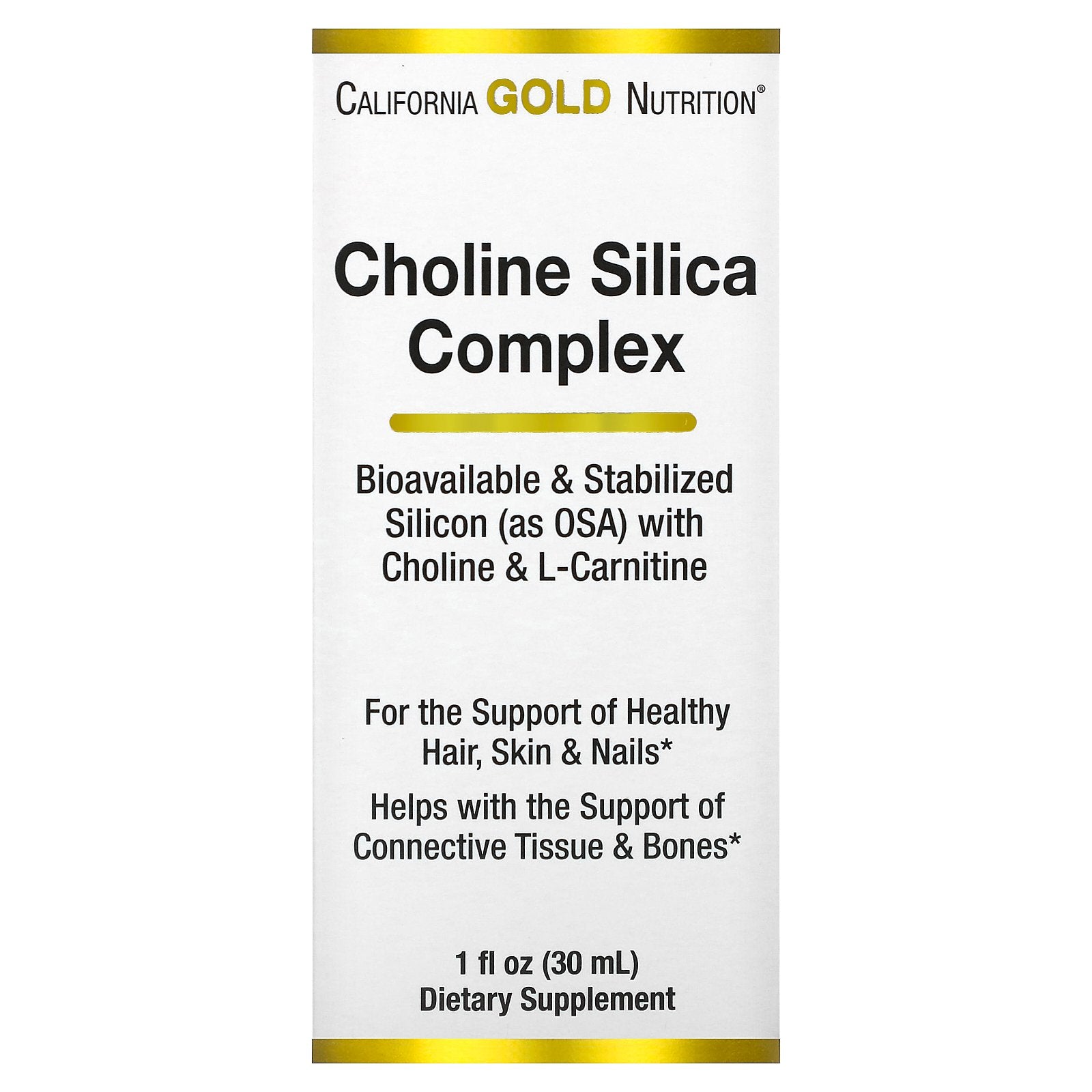 California Gold Nutrition, Choline Silica Complex, Bioavailable & Stabilized Silicon with Choline & L-Carnitine, 1 fl oz (30 ml)