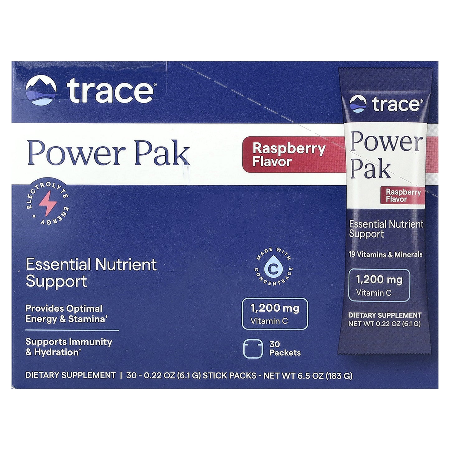 Trace, PowerPak, Raspberry, 30 Stick Packs, 0.22 oz (6.1 g) Each