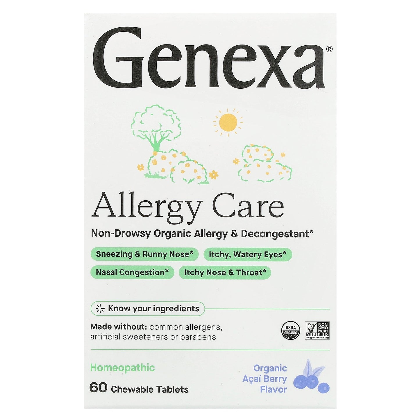 Genexa, Allergy Care, Non-Drowsy Organic Allergy & Decongestant, Organic Acai Berry , 60 Chewable Tablets