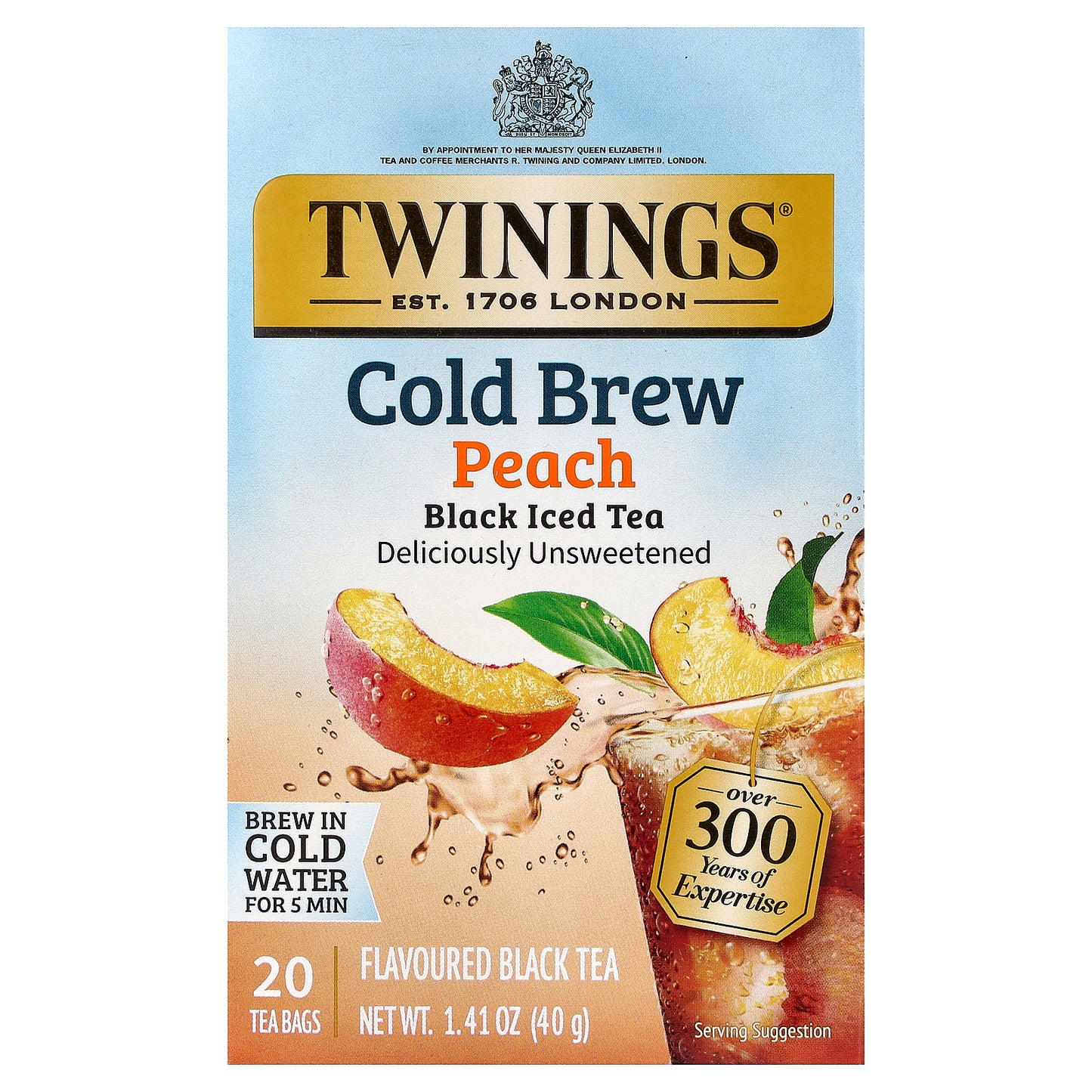 Twinings, Cold Brewed Iced Tea, Black Tea, Peach, Unsweetened, 20 Tea Bags, 1.41 oz (40 g)