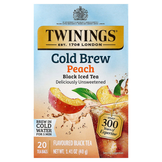 Twinings, Cold Brewed Iced Tea, Black Tea, Peach, Unsweetened, 20 Tea Bags, 1.41 oz (40 g)