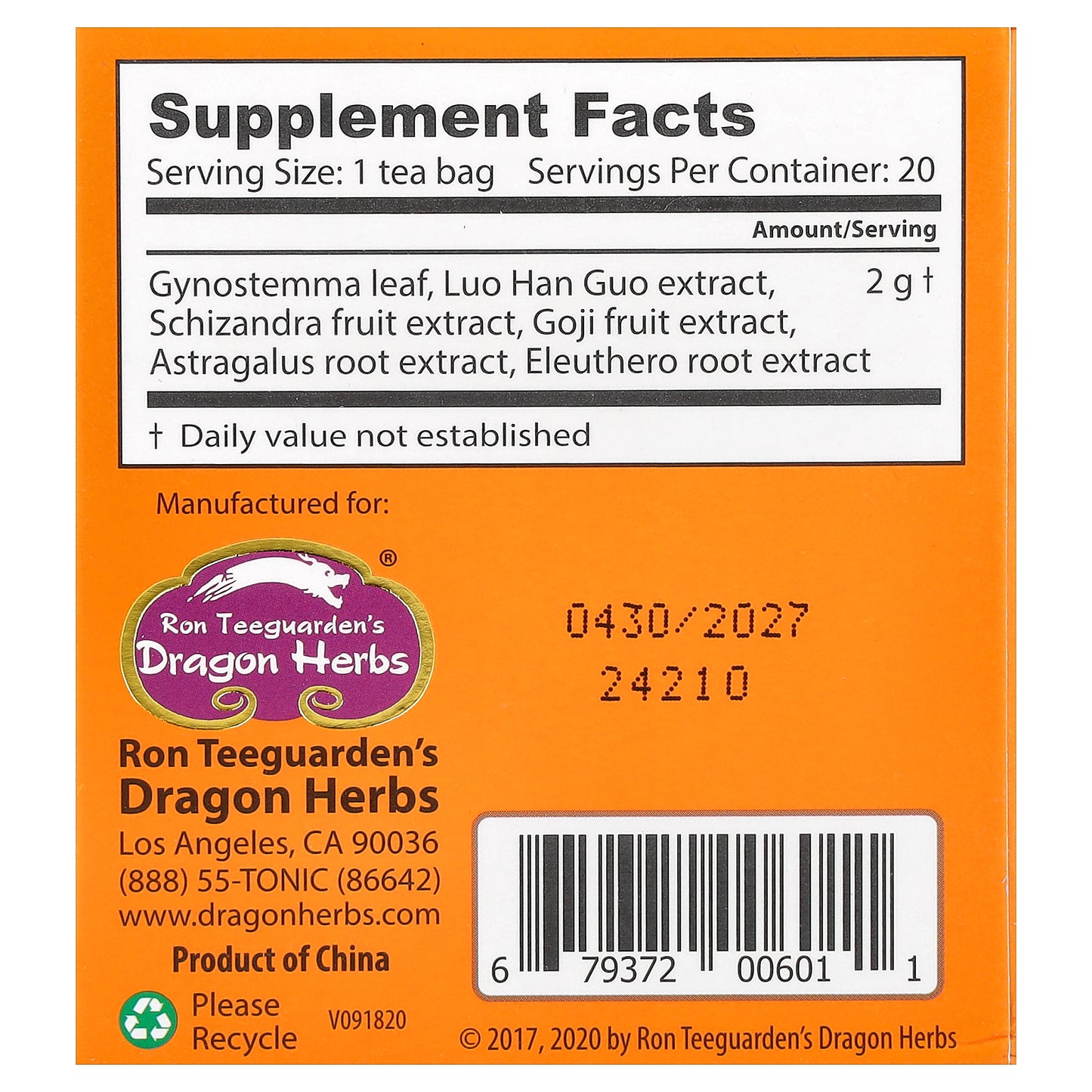 Dragon Herbs, Spring Dragon Longevity Tea™, Caffeine Free, 20 Tea Bags, 1.8 oz (40 g)