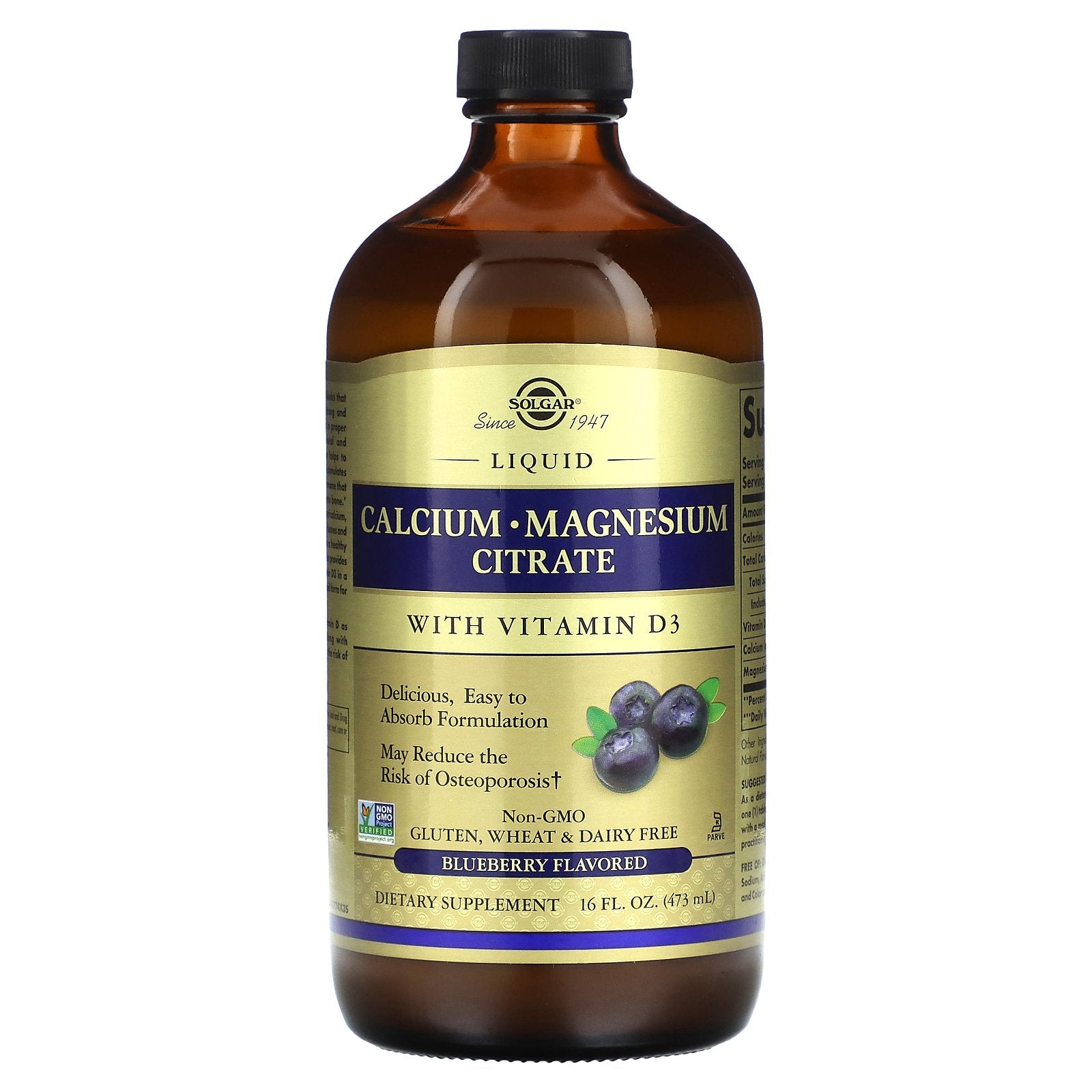 Solgar, Calcium Magnesium Citrate Liquid with Vitamin D3, Blueberry, 16 fl oz (473 ml)