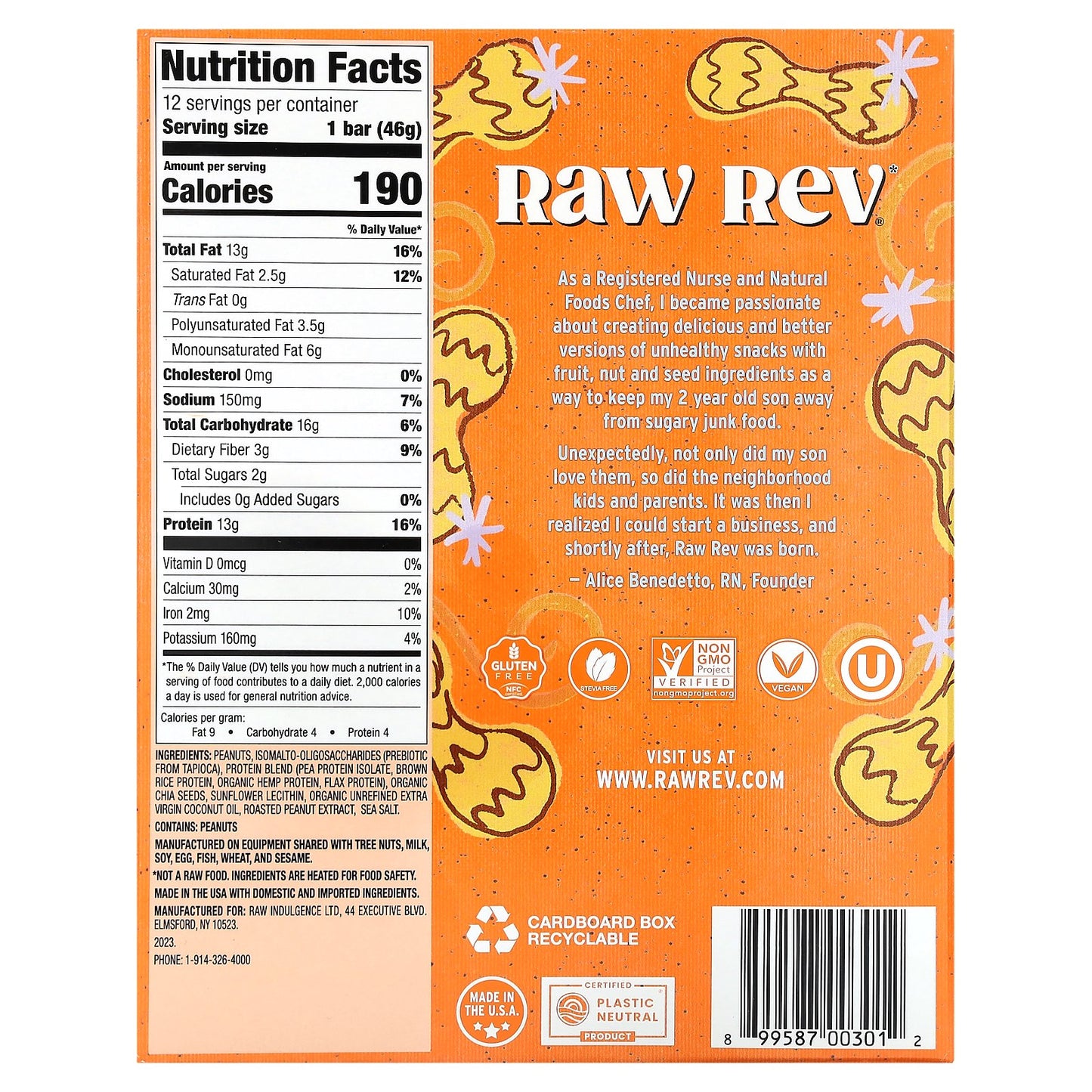 Raw Rev, Plant-Based Protein Bar, Creamy Peanut Butter & Sea Salt, 12 Bars, 1.6 oz (46 g) Each