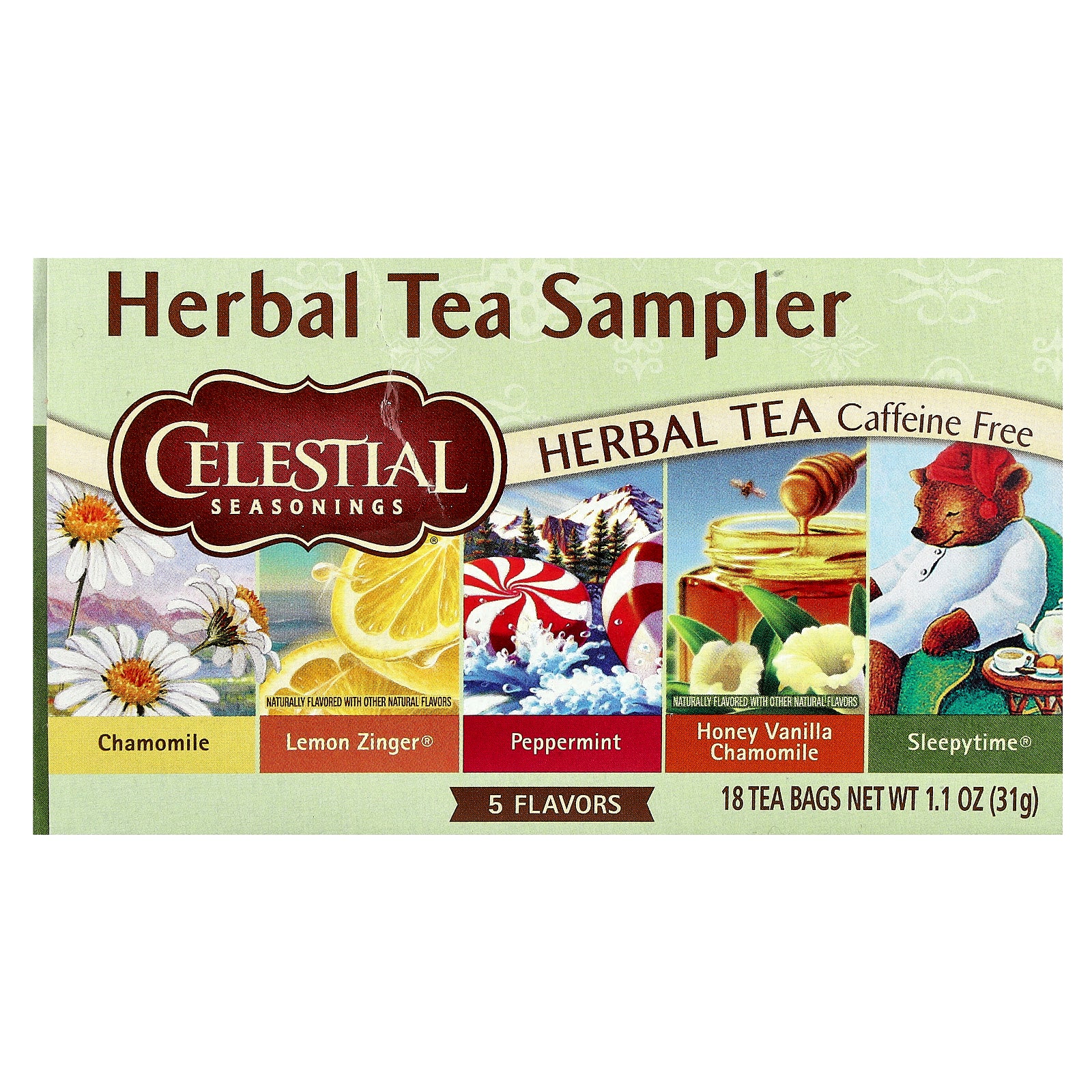 Celestial Seasonings, Herbal Tea Sampler, 5 Flavors, Caffeine Free, 18 Tea Bags, 1.1 oz (31 g)