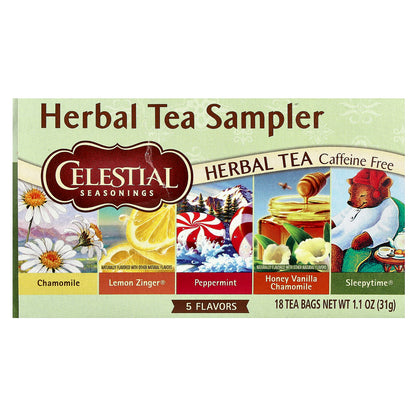 Celestial Seasonings, Herbal Tea Sampler, 5 Flavors, Caffeine Free, 18 Tea Bags, 1.1 oz (31 g)