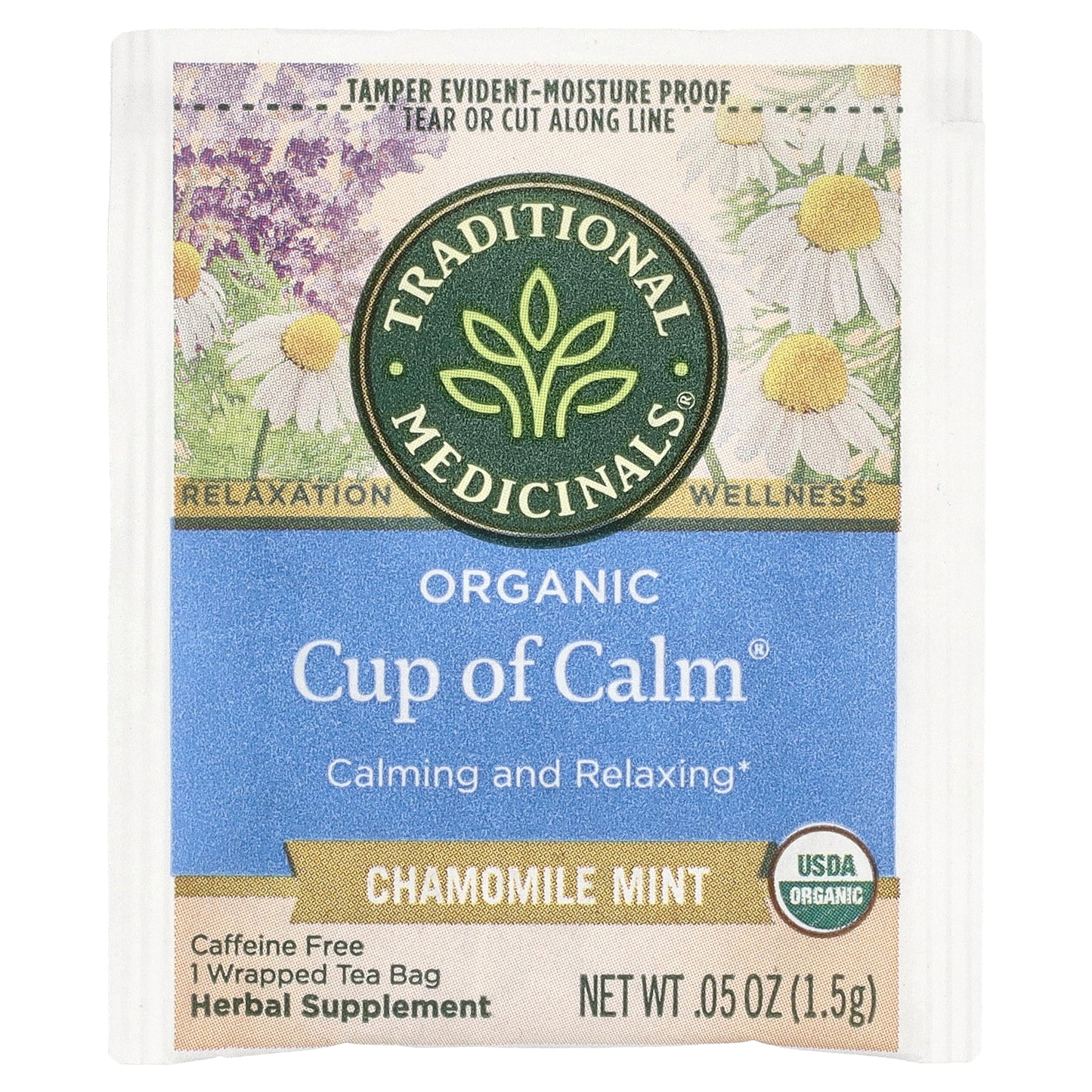 Traditional Medicinals, Organic Cup of Calm, Chamomile Mint, Caffeine Free, 16 Wrapped Tea Bags, 0.85 oz (24 g)