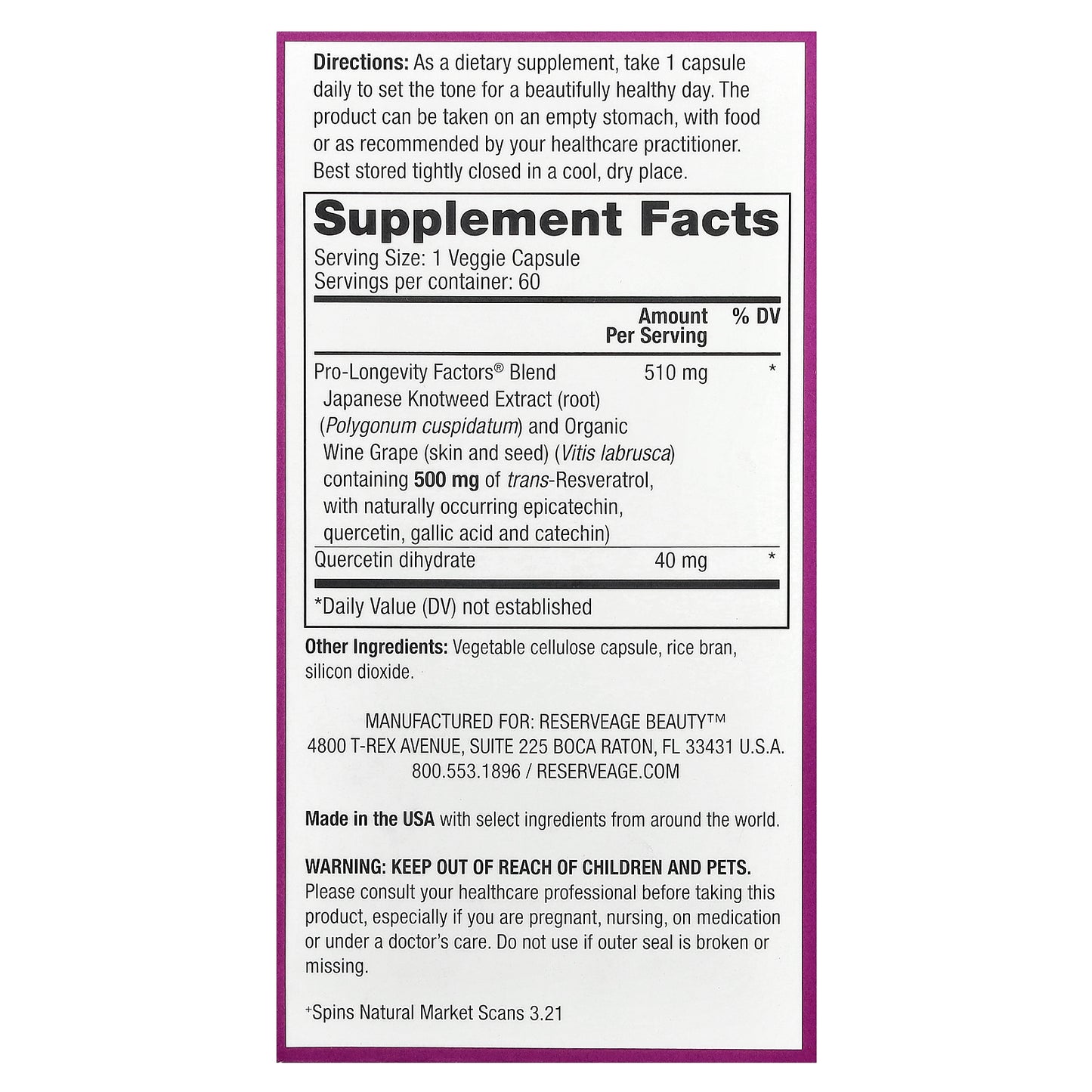 Reserveage Beauty, Resveratrol, 60 Veggie Capsules