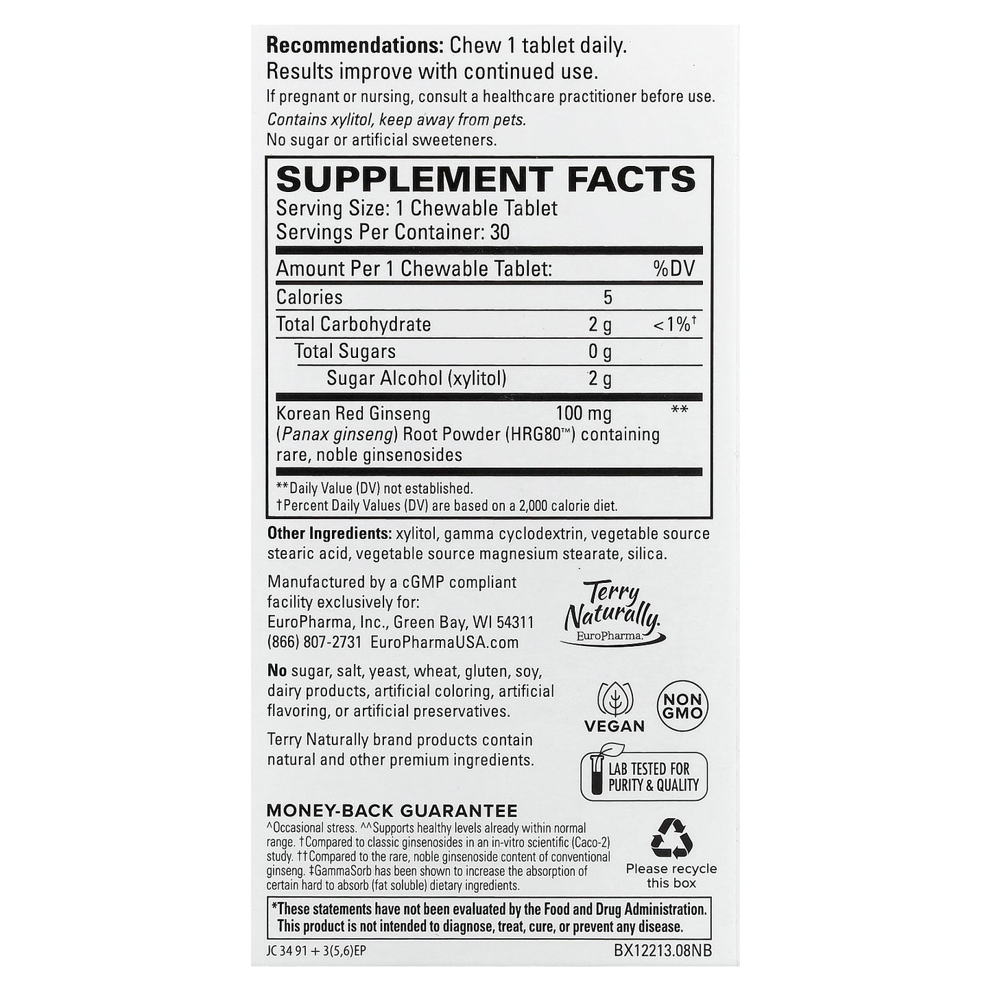 Terry Naturally, HRG80™ Red Ginseng Energy, 30 Chewable Tablets (100 mg per Tablet)