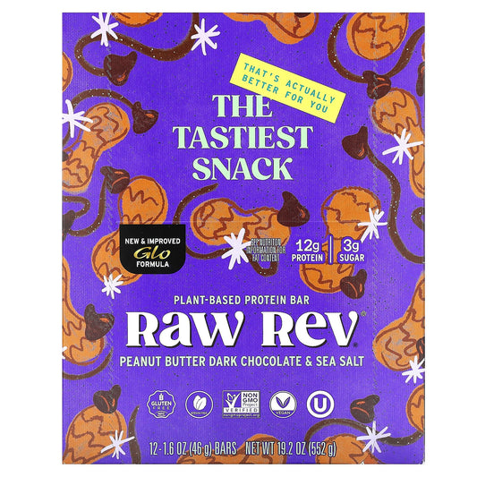 Raw Rev, Plant-Based Protein Bar, Peanut Butter Dark Chocolate & Sea Salt, 12 Bars, 1.6 oz (46 g) Each