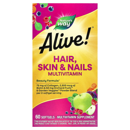 Nature's Way, Alive!® Hair, Skin & Nails Multivitamin, Strawberry, 60 Softgels