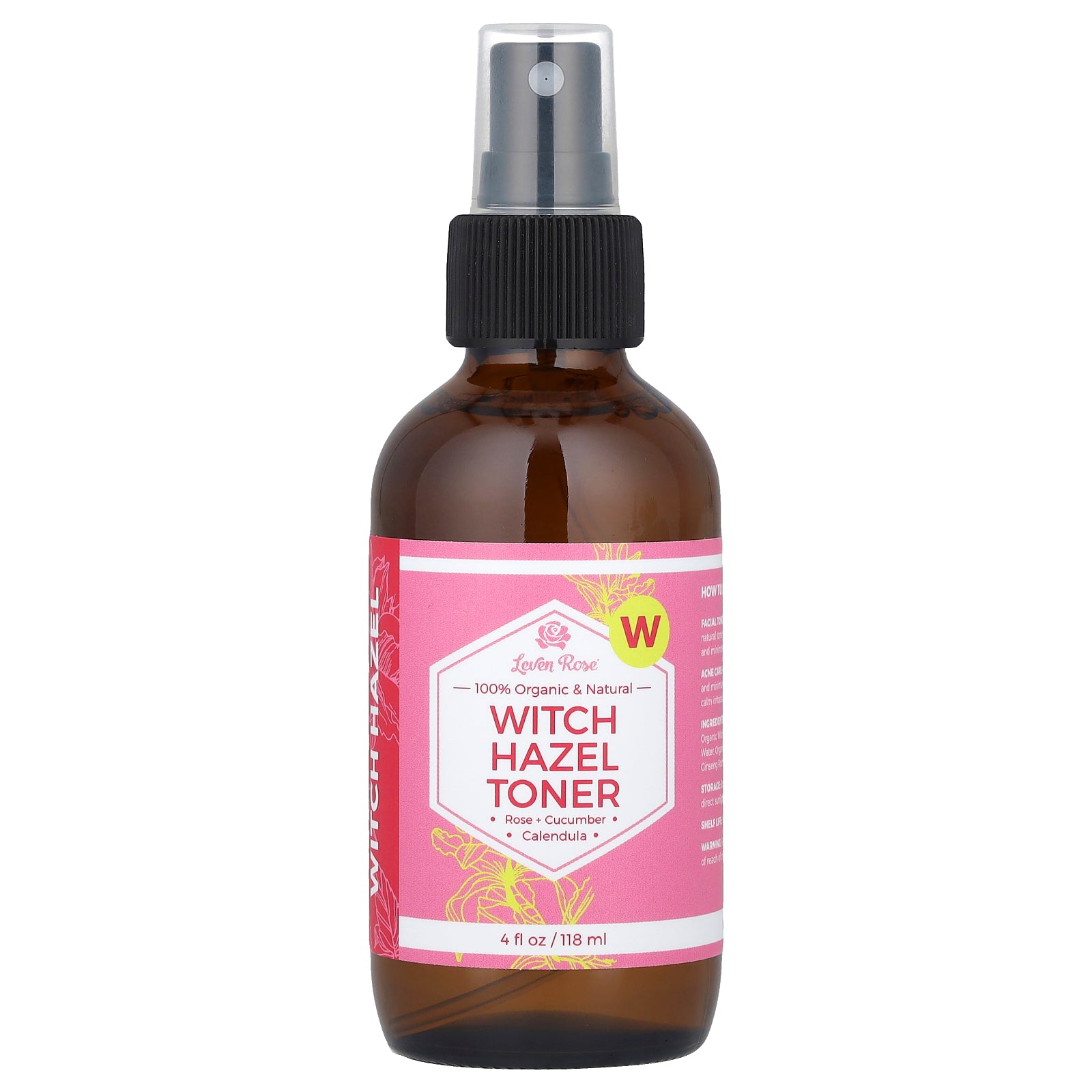 Leven Rose, 100% Organic & Natural, Witch Hazel Toner, 4 fl oz (118 ml)