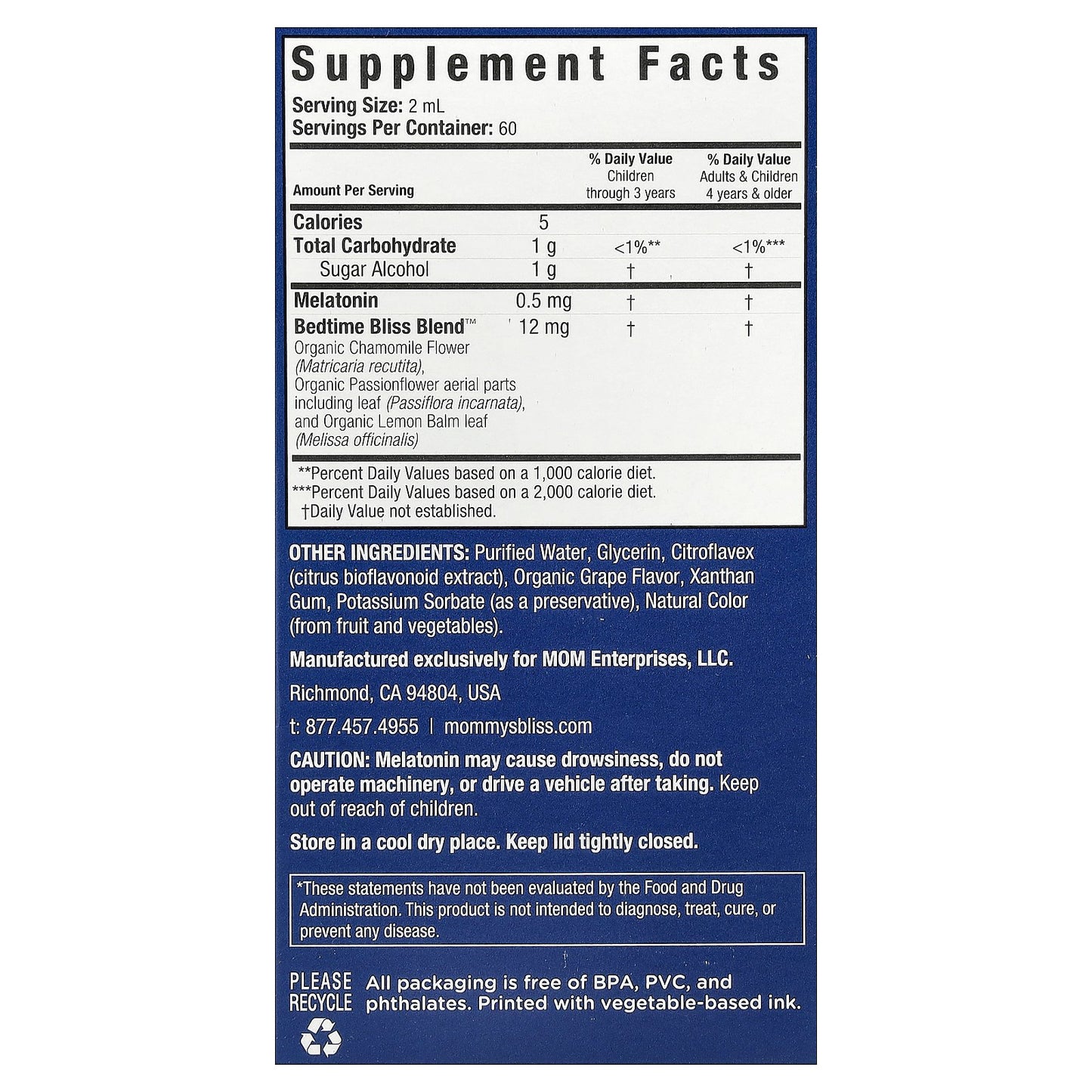 Mommy's Bliss, Kids Sleep Liquid with Melatonin, Age 3 Years+, Natural Grape, 4 fl oz (120 ml)