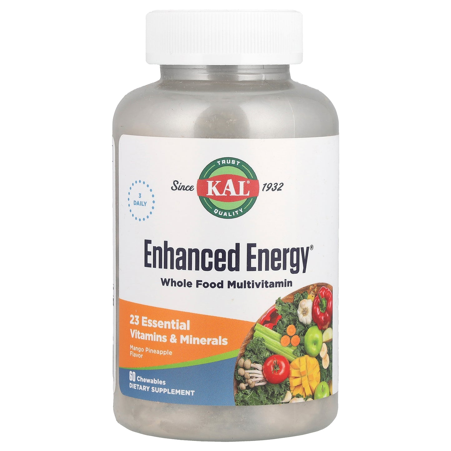 KAL, Enhanced Energy, Whole Food Multivitamin, Mango Pineapple, 60 Chewables