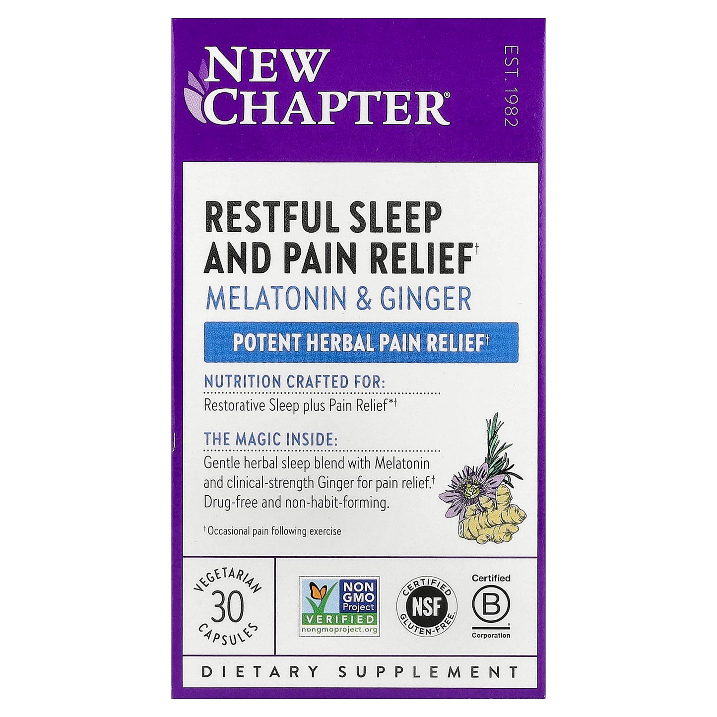 New Chapter, Restful Sleep and Pain Relief, Melatonin & Ginger, 30 Vegetarian Capsules