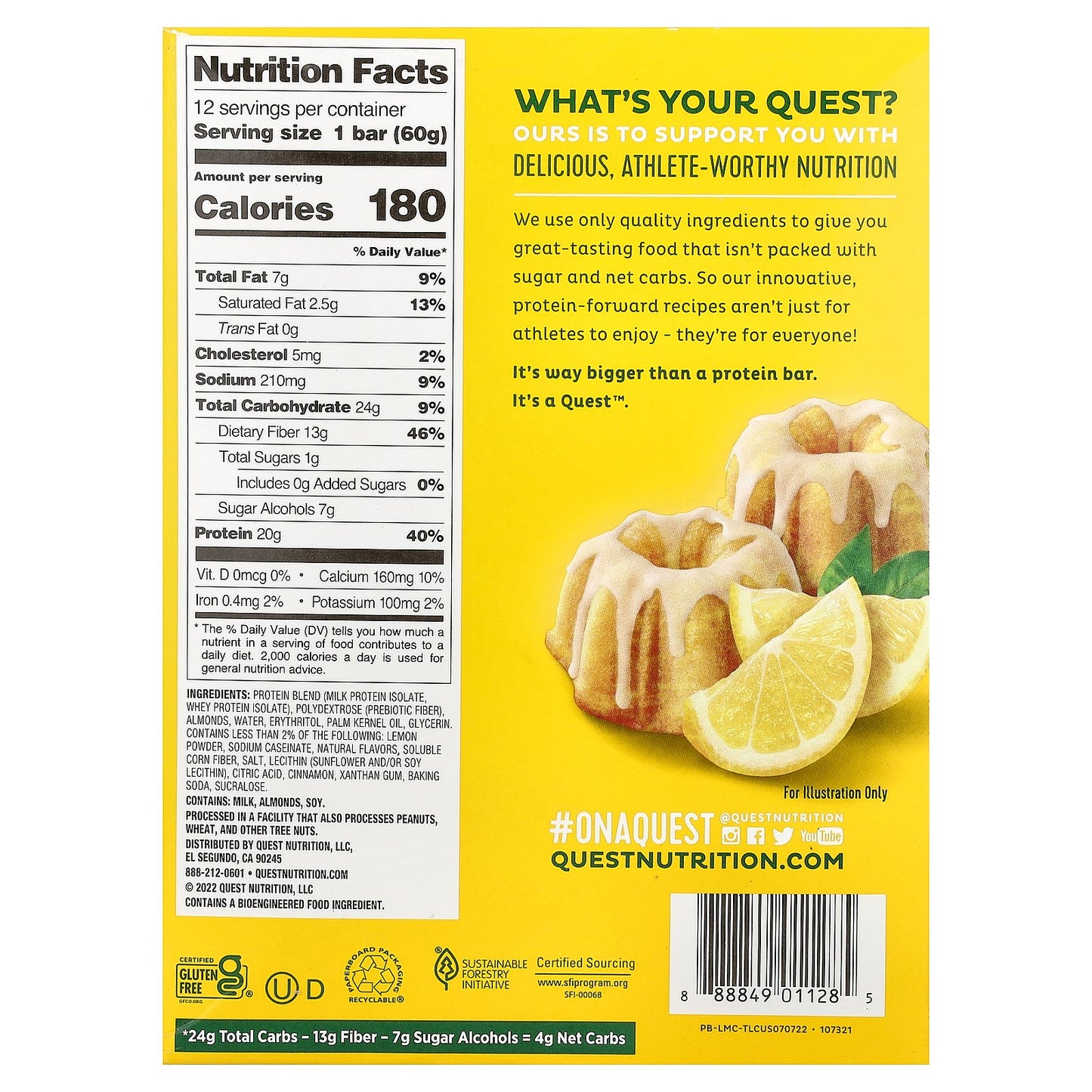 Quest Nutrition, Protein Bar, Lemon Cake, 12 Bars, 2.12 oz (60 g) Each