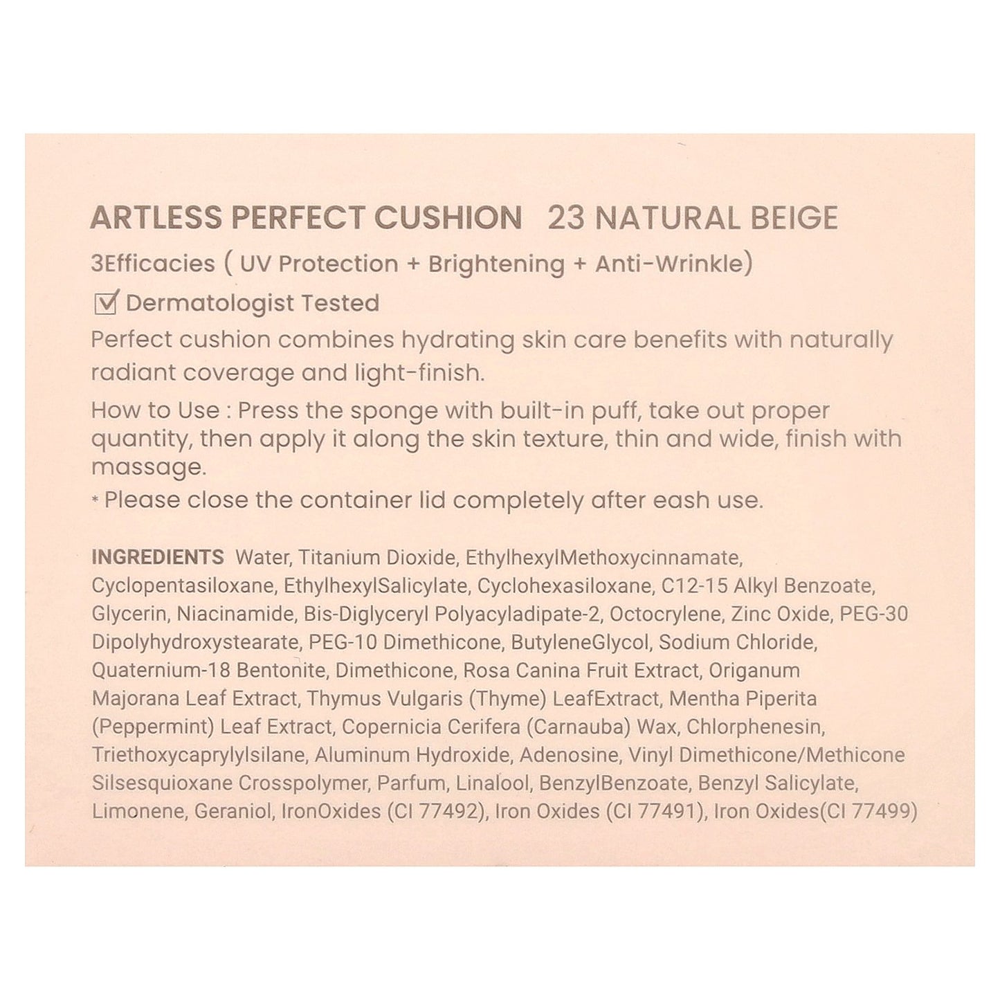 Heimish, Artless Perfect Cushion, SPF 50+ PA+++, 23 Natural Beige, 2 Count, (13 g) Each