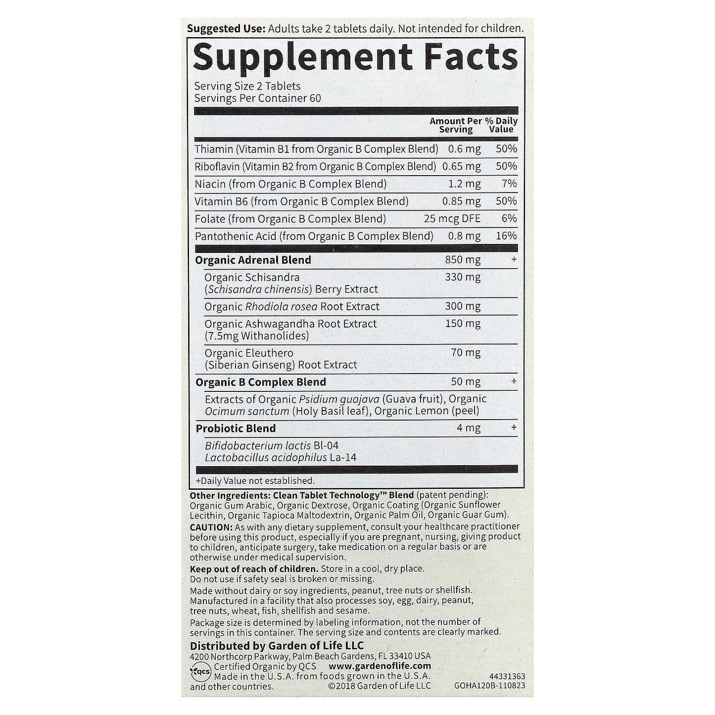 Garden of Life, Organics, Adrenal, Daily Balance, 120 Vegan Tablets