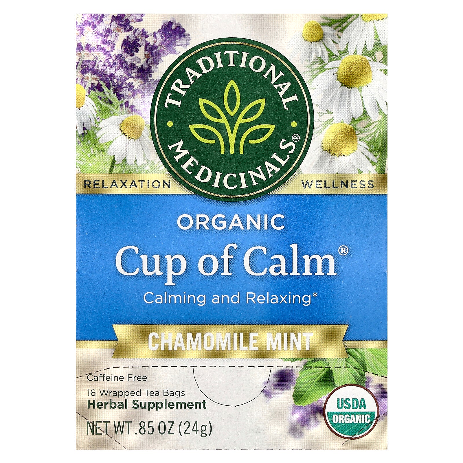 Traditional Medicinals, Organic Cup of Calm, Chamomile Mint, Caffeine Free, 16 Wrapped Tea Bags, 0.85 oz (24 g)