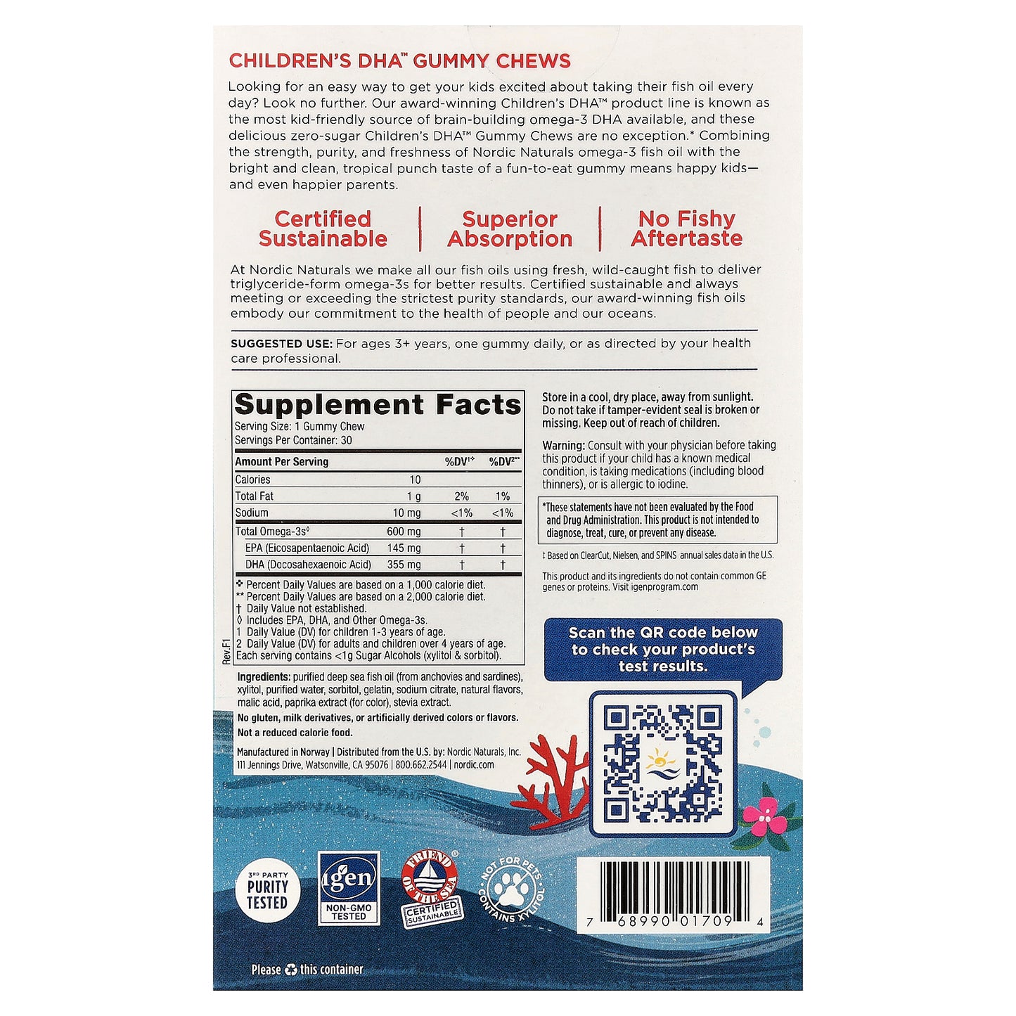 Nordic Naturals, Children's DHA™ Gummy Chews, Ages 3+, Tropical Punch, 30 Gummies (355 mg per gummy)