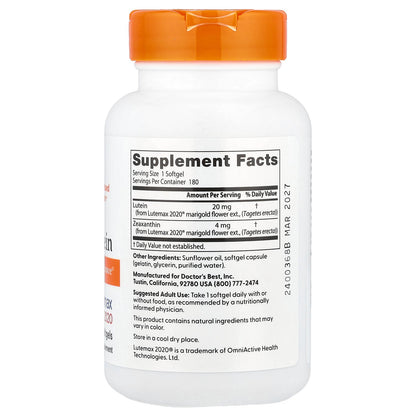 Doctor's Best, Lutein, Lutemax 2020, 20 mg, 180 Softgels