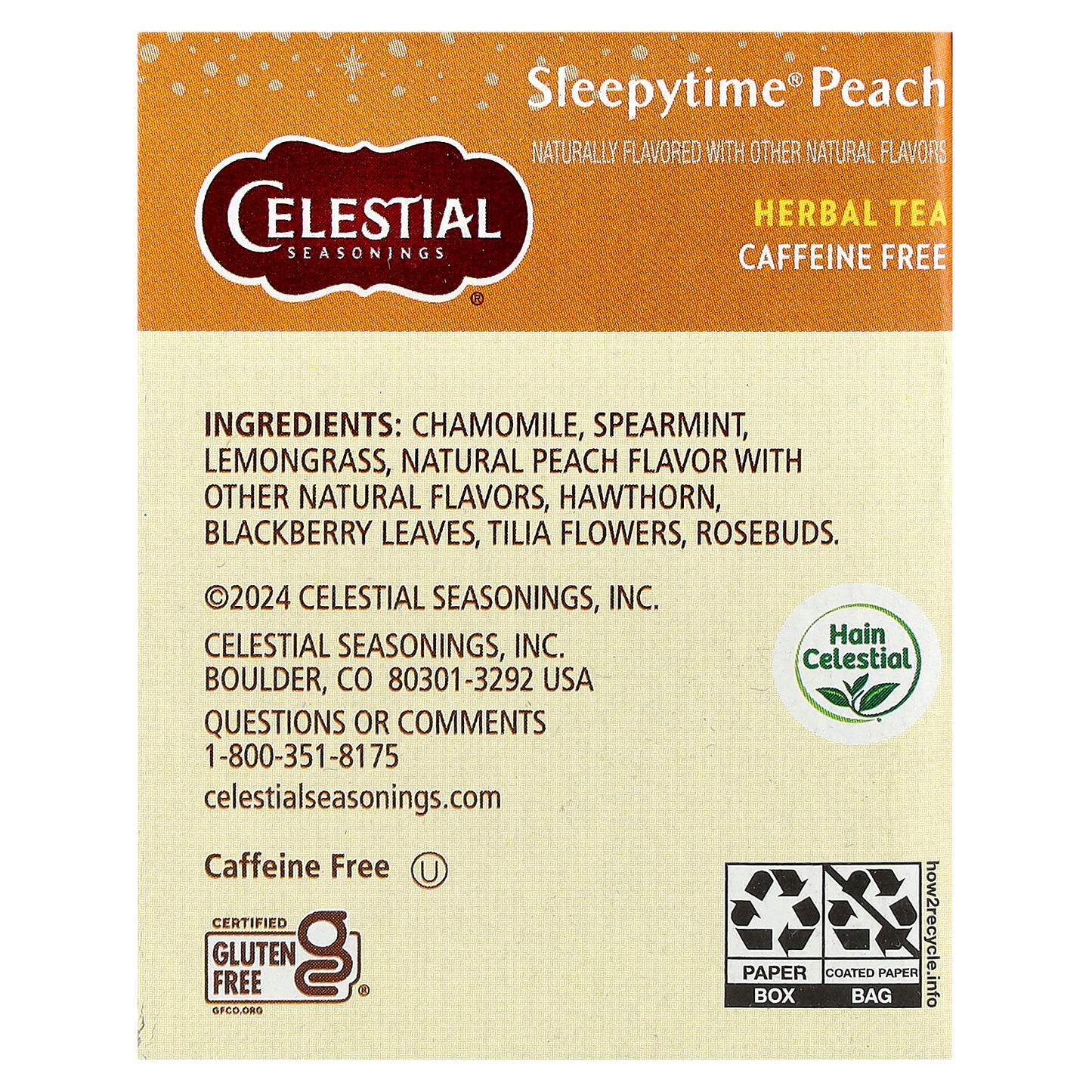 Celestial Seasonings, Herbal Tea, Sleepytime® Peach, Caffeine Free, 20 Tea Bags, 1.1 oz (30 g)