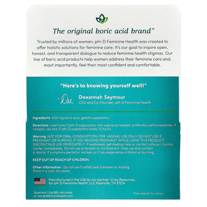 pH-D Feminine Health, Boric Acid Vaginal Suppositories, 600 mg, 24 Count