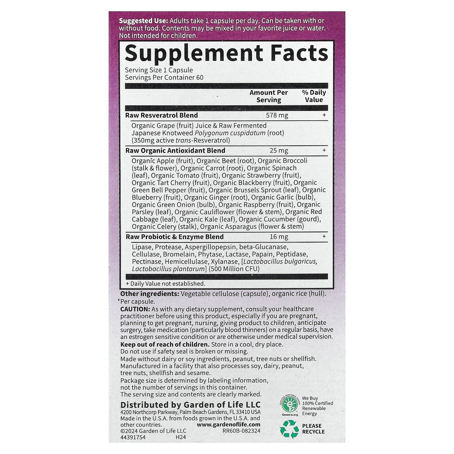 Garden of Life, RAW Resveratrol, 60 Vegan Capsules